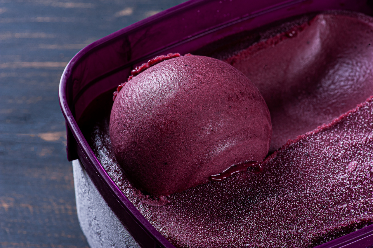 Close-up of frozen Brazilian açaí in a purple box.